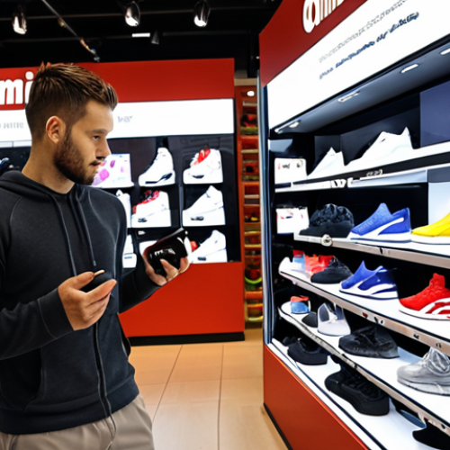 Home 11 **Omni-Channel Retail Experience:** A customer in a physical store trying on sports shoes. In the background, a digital display shows product information and online ordering options. Focus on the seamless integration of online and offline shopping.