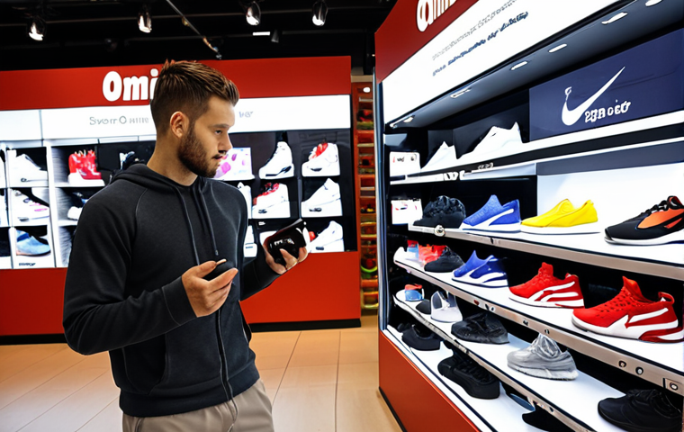 **Omni-Channel Retail Experience:** A customer in a physical store trying on sports shoes. In the background, a digital display shows product information and online ordering options. Focus on the seamless integration of online and offline shopping.