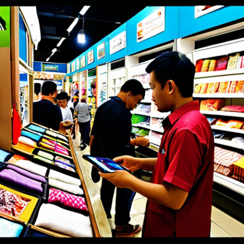 Home 6 **Image Prompt:** A bustling Malaysian marketplace scene blending physical and digital elements. Vendors are using tablets to process payments while customers interact with augmented reality displays showcasing product information in Bahasa Malaysia. Capture the vibrant colors of Malaysian fabrics and the energy of a modern *pasar malam*. Focus on the seamless integration of technology enhancing the traditional shopping experience.