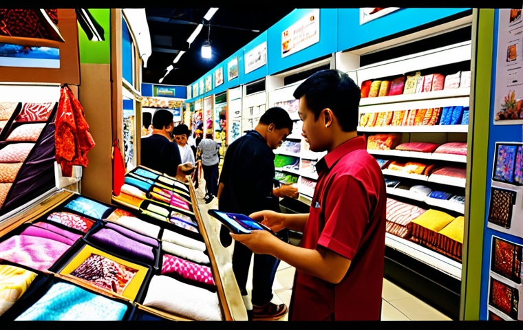 **Image Prompt:** A bustling Malaysian marketplace scene blending physical and digital elements. Vendors are using tablets to process payments while customers interact with augmented reality displays showcasing product information in Bahasa Malaysia. Capture the vibrant colors of Malaysian fabrics and the energy of a modern *pasar malam*. Focus on the seamless integration of technology enhancing the traditional shopping experience.