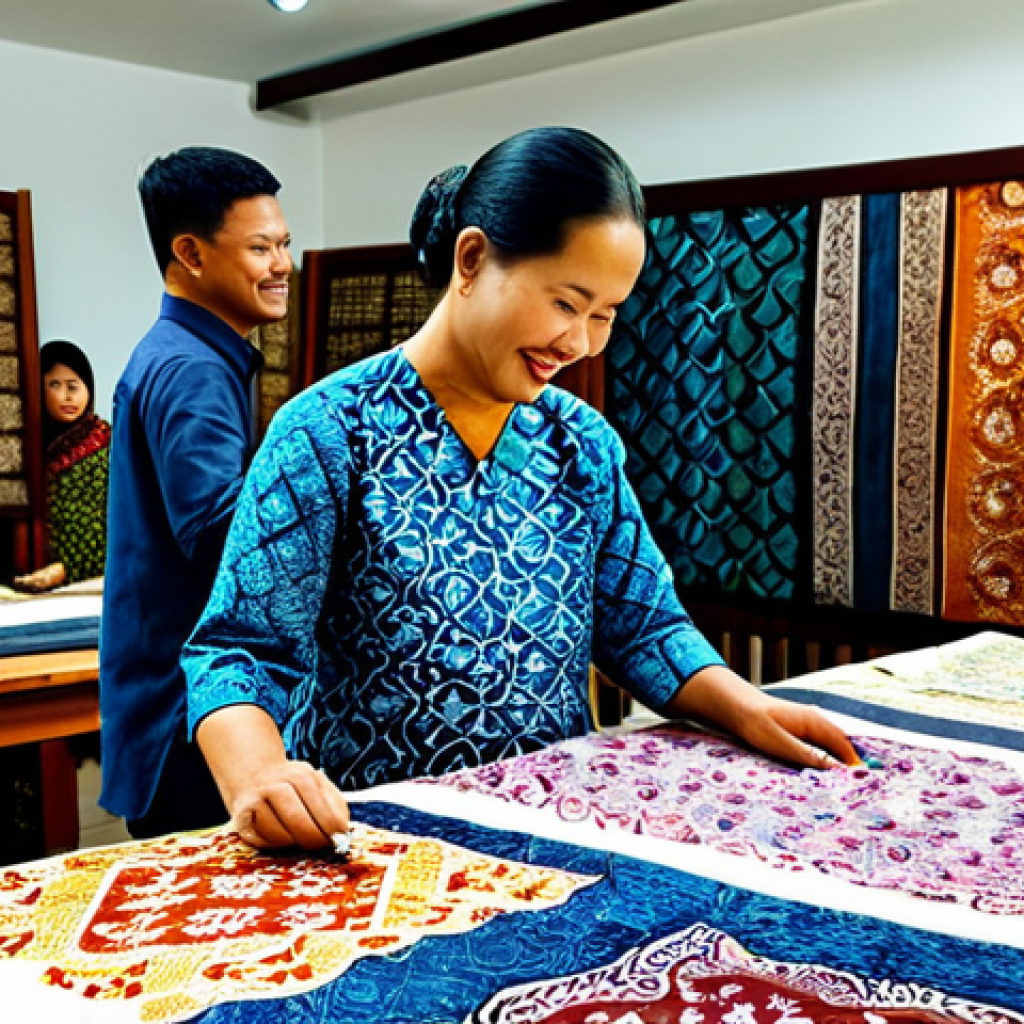 **
"A vibrant scene inside a bustling Malaysian batik workshop. A friendly local artisan, fully clothed in traditional Baju Kurung, is guiding a small group of tourists (also fully clothed in modest attire) in the art of batik painting. The workshop is brightly lit and filled with colorful fabrics, tools, and finished batik pieces. In the background, a digital display showcases the history and cultural significance of batik. The overall atmosphere is warm, engaging, and educational. Safe for work, appropriate content, professional, family-friendly, perfect anatomy, natural proportions, high quality."
**