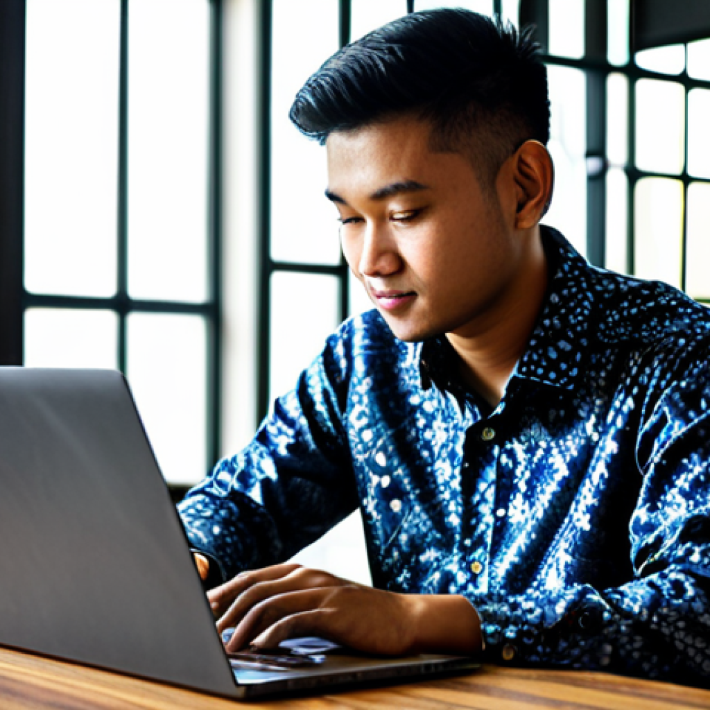 **
A young Malaysian entrepreneur in a modern, fully clothed batik shirt, working on a laptop at a co-working space in Kuala Lumpur, appropriate attire, safe for work, perfect anatomy, natural proportions, professional photography, high quality, modest. Sunlight streams through the large windows.
**