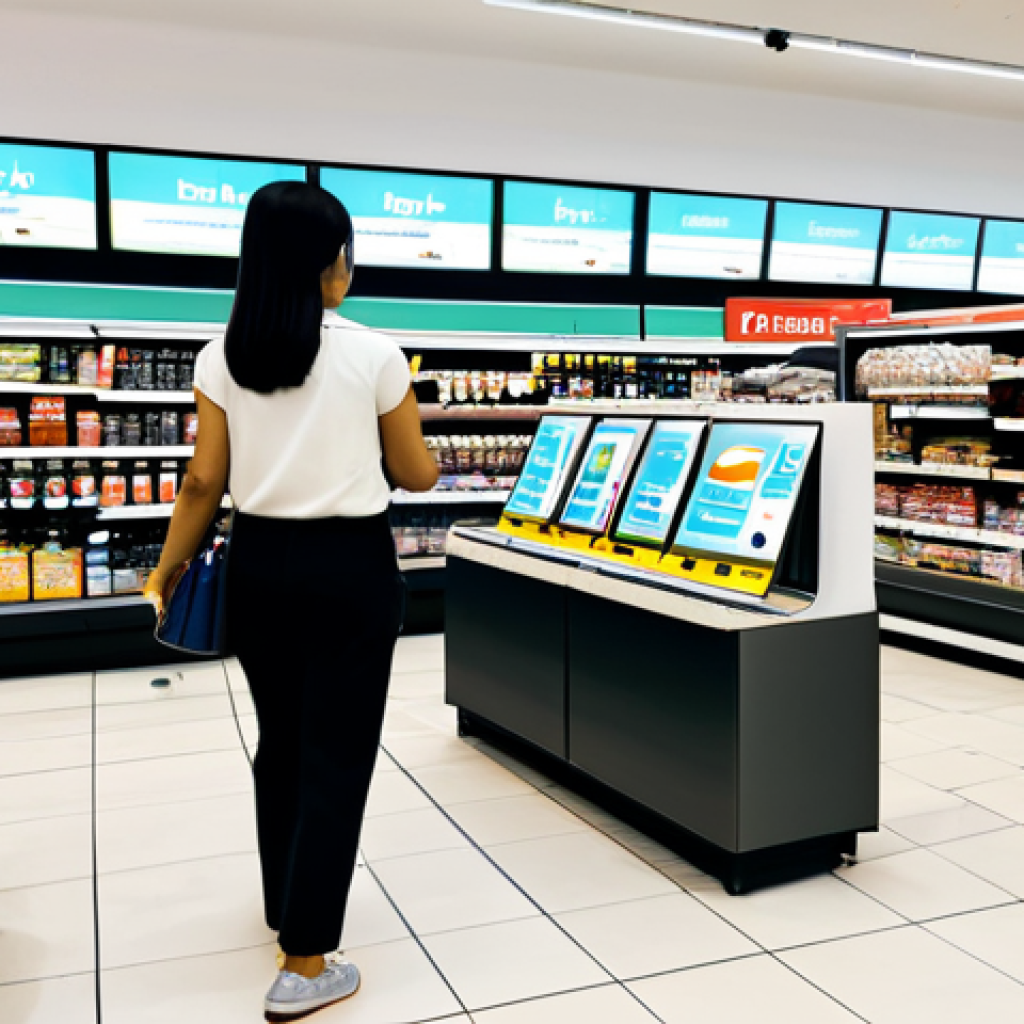 **
"A bustling Kuala Lumpur supermarket aisle, featuring digital screens displaying personalized recommendations and discounts to shoppers. Focus on a customer interacting with an AR app on their smartphone to visualize furniture in their home. Cashless payment kiosks are visible in the background, streamlining the checkout process. safe for work, appropriate content, fully clothed, professional photography, perfect anatomy, natural proportions, high quality"
**
