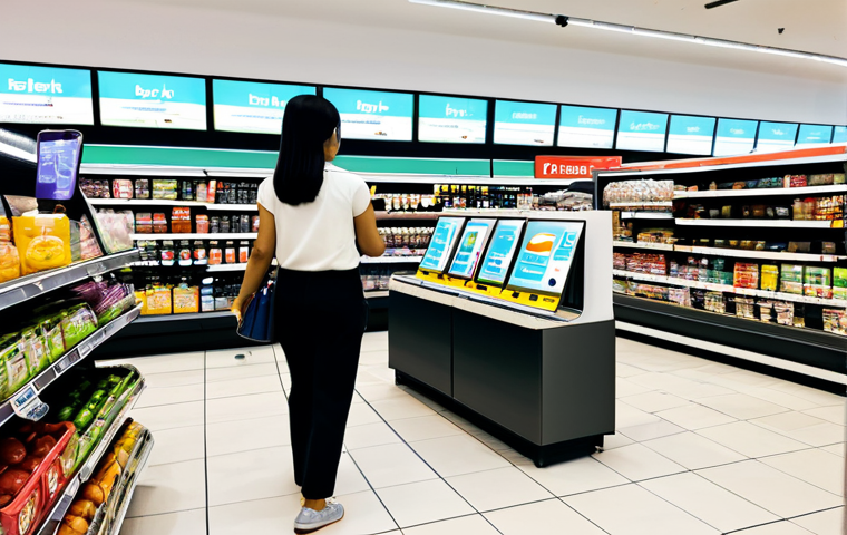 **

"A bustling Kuala Lumpur supermarket aisle, featuring digital screens displaying personalized recommendations and discounts to shoppers. Focus on a customer interacting with an AR app on their smartphone to visualize furniture in their home. Cashless payment kiosks are visible in the background, streamlining the checkout process. safe for work, appropriate content, fully clothed, professional photography, perfect anatomy, natural proportions, high quality"

**