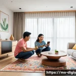 Home 21 물리적 공간에서 디지털 기기 활용 방법 - **Prompt:** A cozy and brightly lit modern living room in a Malaysian home, showcasing smart home te...
