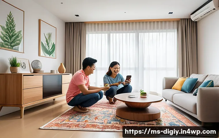 물리적 공간에서 디지털 기기 활용 방법 - **Prompt:** A cozy and brightly lit modern living room in a Malaysian home, showcasing smart home te...