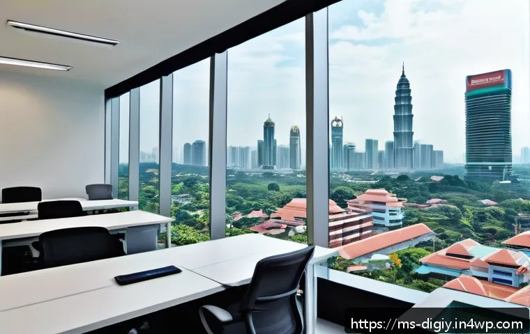물리적 공간의 디지털화에 필요한 기술 - A modern Malaysian office environment showcasing smart technology integration: employees working com...