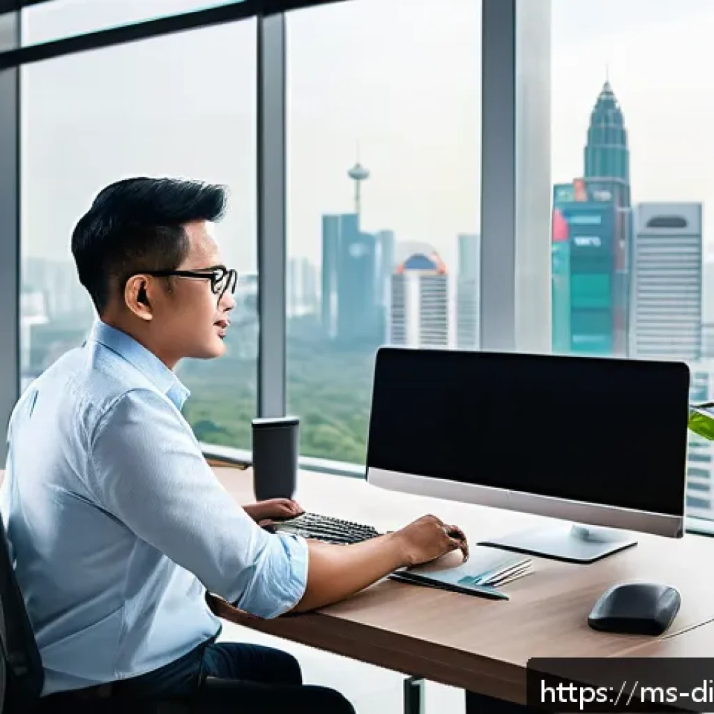 물리적 공간과 디지털 기술의 융합을 통한 시너지 효과 - A modern Malaysian office space showcasing smart digitalization with IoT devices: sleek desks equipp...
