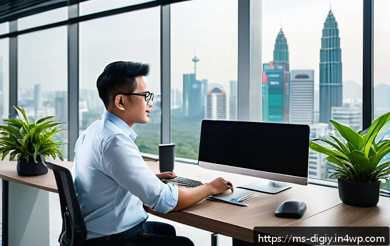 물리적 공간과 디지털 기술의 융합을 통한 시너지 효과 - A modern Malaysian office space showcasing smart digitalization with IoT devices: sleek desks equipp...