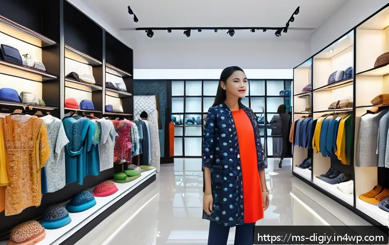 물리적 공간에서의 고객 경험 향상을 위한 디지털 솔루션 - A modern Malaysian fashion retail store interior featuring customers using augmented reality mirrors...