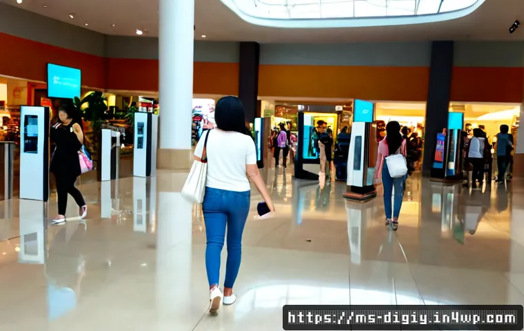 물리적 공간에서의 증강 현실 마케팅 전략 - Photorealistic Malaysian shopping mall atrium, a friendly adult shopper using a smartphone to view a...